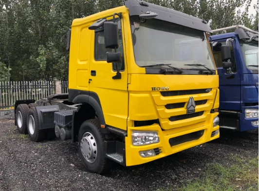 Yellow HOWO 6x4 tractor truck, front view.
