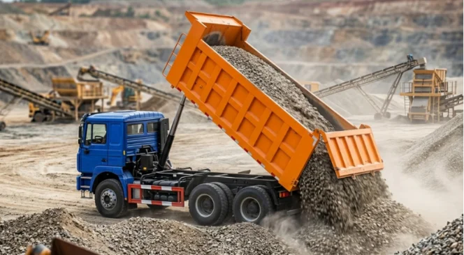 Blue and orange dump truck tipping gravel in quarry.