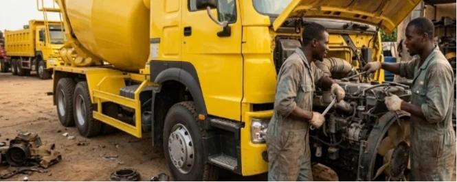 Mechanics repairing a truck engine.