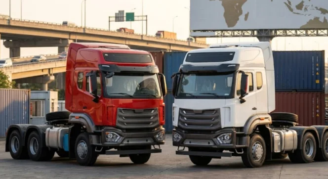 Red and white heavy duty tractor trucks in a logistics yard.