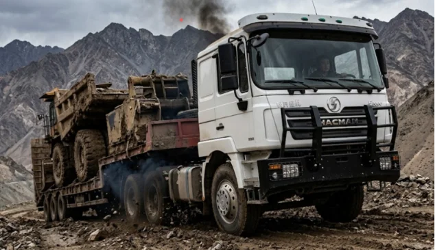 White SHACMAN F3000 hauling heavy mining load on muddy mountain road.