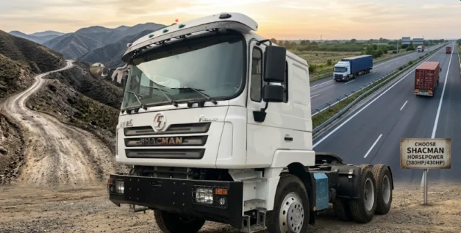 White SHACMAN truck on highway and mountain dirt road background.