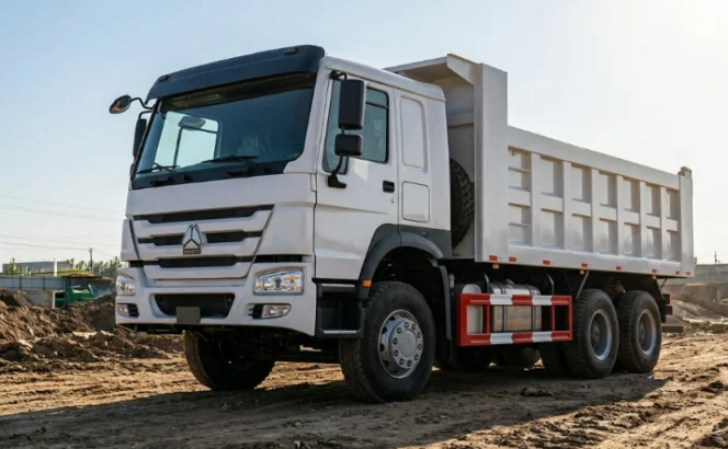 White three-axle dump truck on dirt ground.