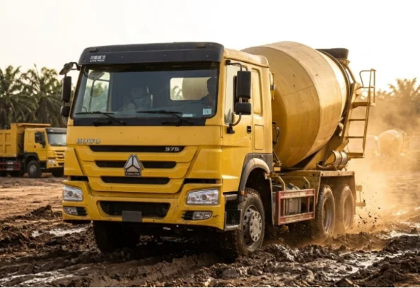 Yellow cement mixer truck on muddy road.