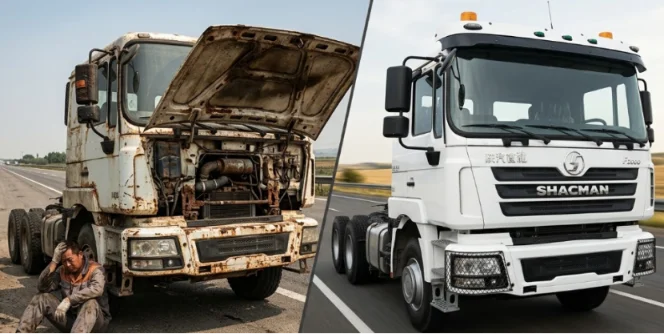 Broken down used truck compared to a reliable refurbished Shacman tractor.