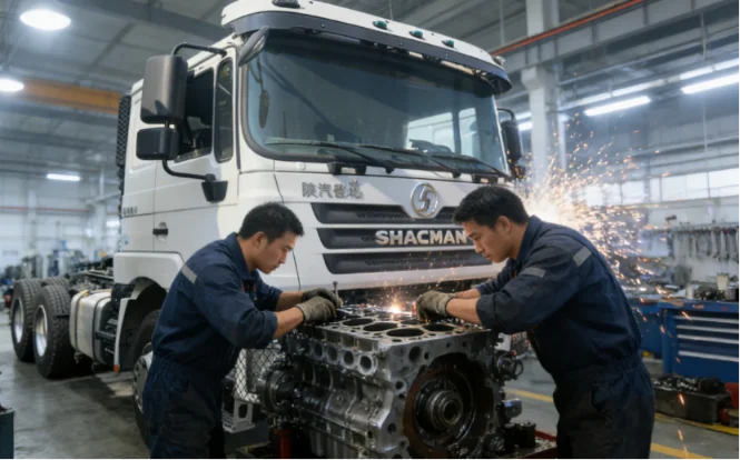 Mechanics performing deep engine refurbishment on a heavy-duty truck.