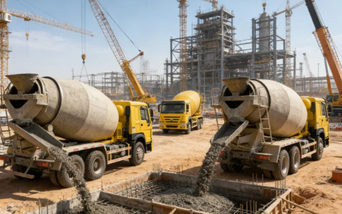 Yellow concrete mixer trucks pouring foundations at a massive construction site.