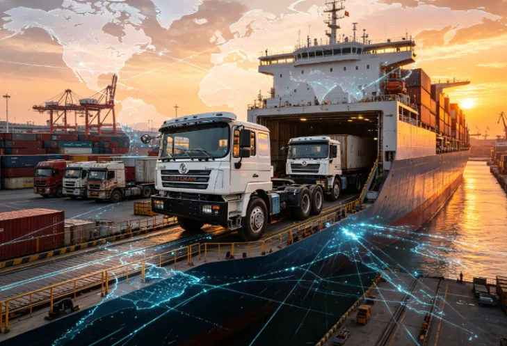Global export of refurbished tractor trucks at a sunset port.