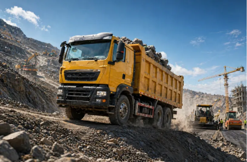 Loaded heavy-duty dump truck hauling rocks on site