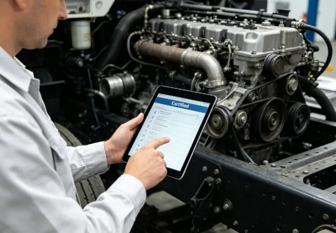 Professional digital inspection of a refurbished truck engine.