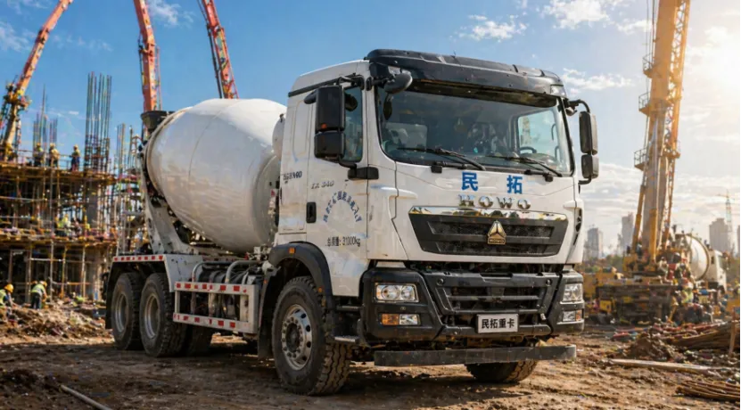 Sinotruk HOWO concrete mixer truck on a busy construction site