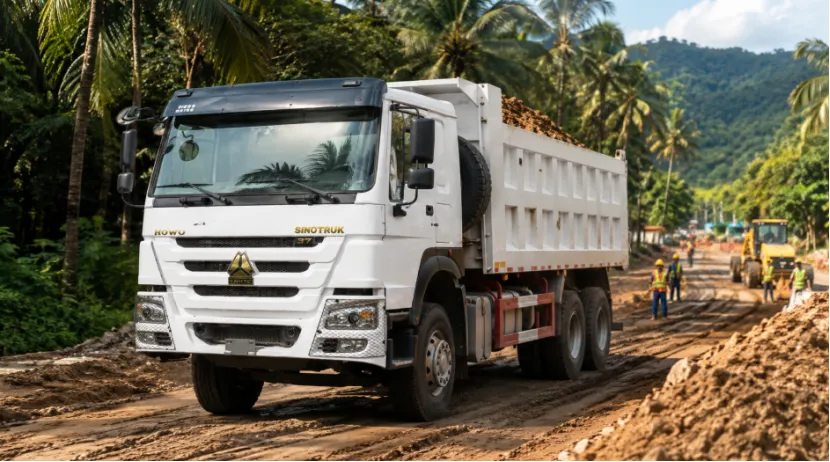 White Sinotruk HOWO dump truck at a tropical road construction site