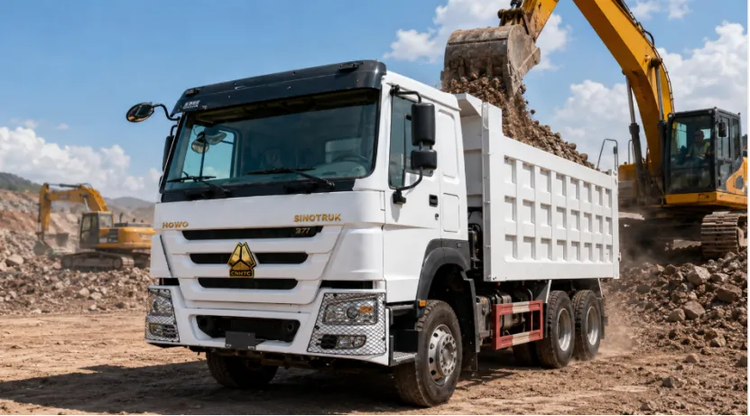 White Sinotruk HOWO dump truck loading rocks at a mining site