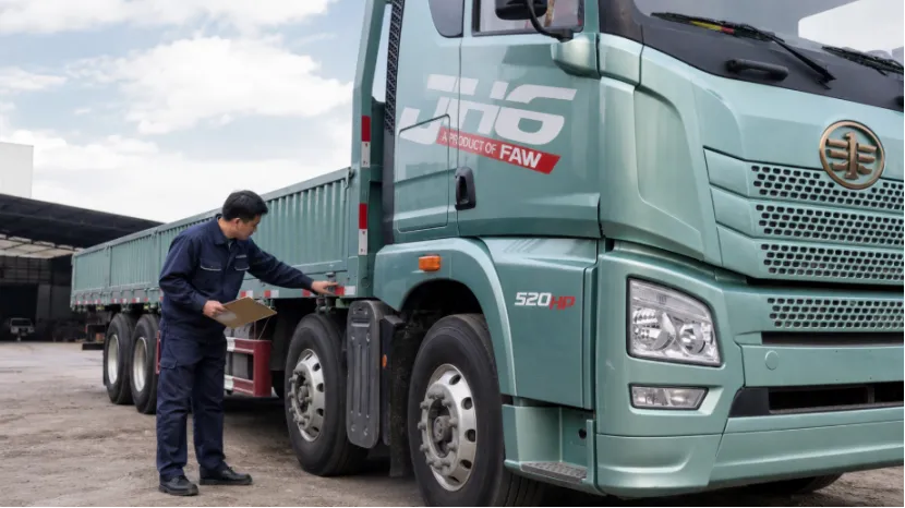 Inspector with a clipboard checking the chassis of a green FAW flatbed truck