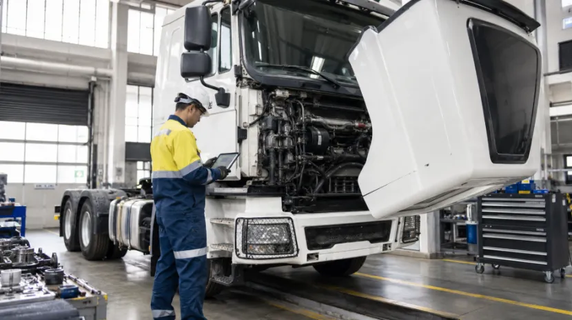 Mechanic in uniform using a tablet to diagnose a truck engine