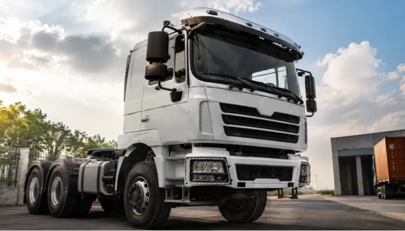 White semi-truck tractor unit parked on an asphalt lot