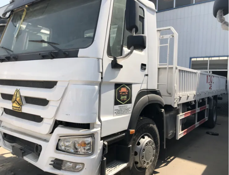 White used CNHTC flatbed truck with open cargo deck